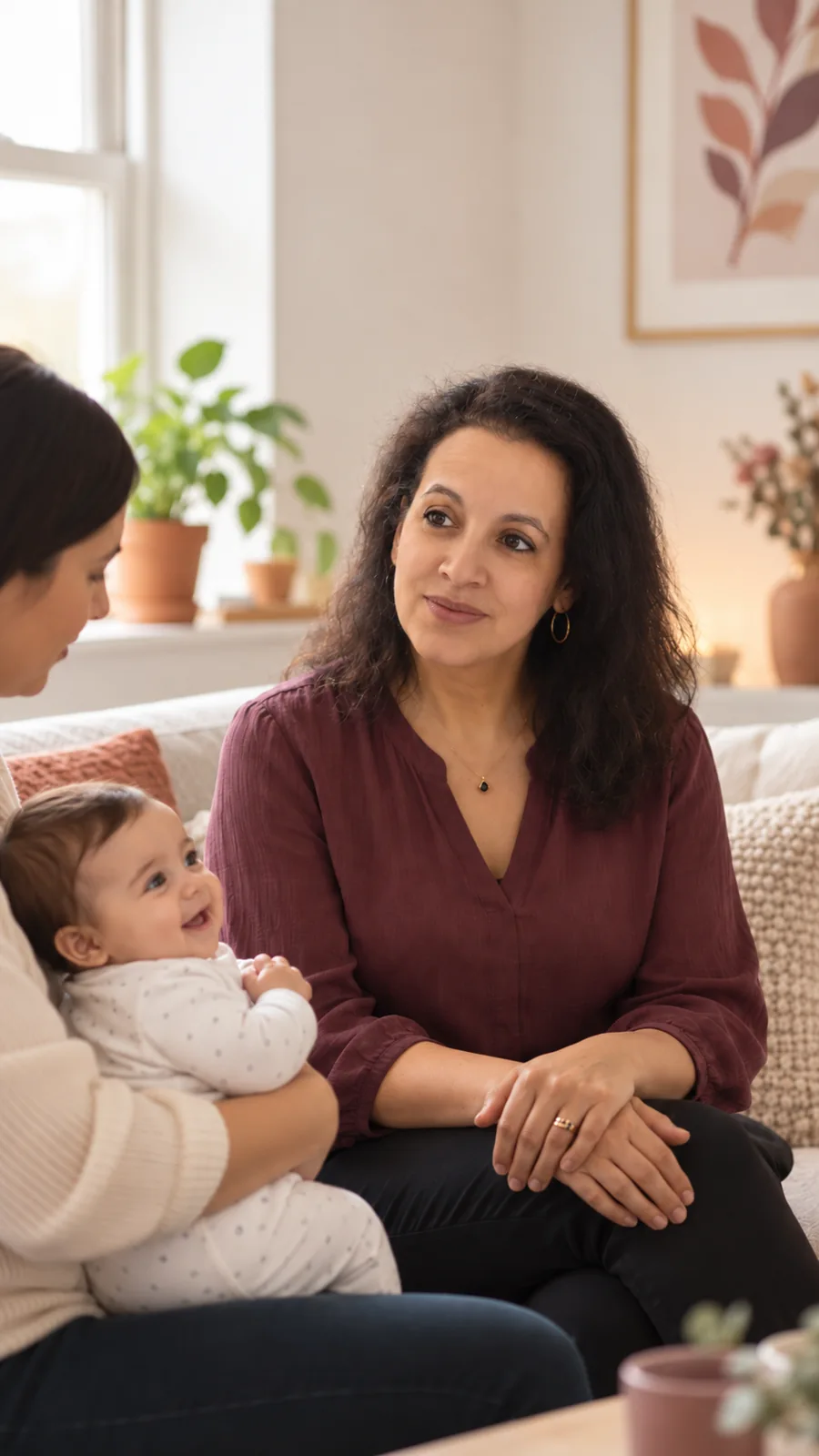 Baria Laalej échange avec une mère tenant son bébé souriant, dans une atmosphère chaleureuse