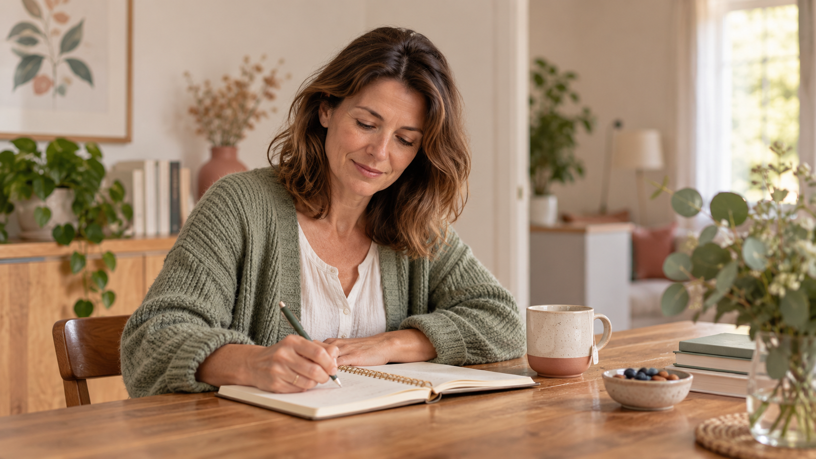 Femme prenant des notes à une table, dans un intérieur chaleureux