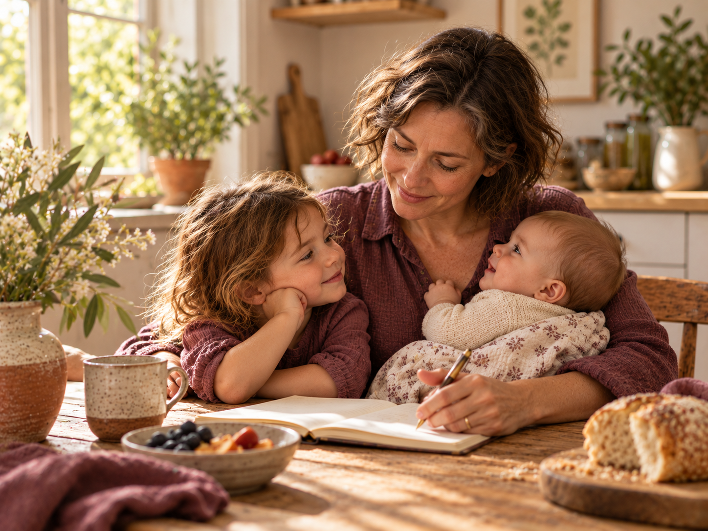 Une femme avec un enfant et un bébé dans une cuisine familiale