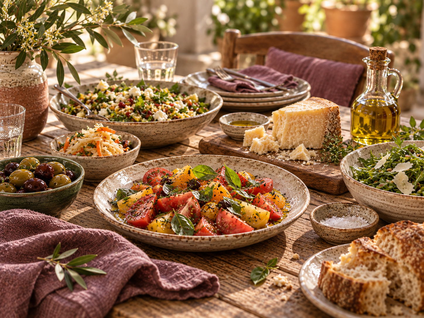 Table méditerranéenne avec tomates, aliments fermentés et fromage affiné, sans charcuterie