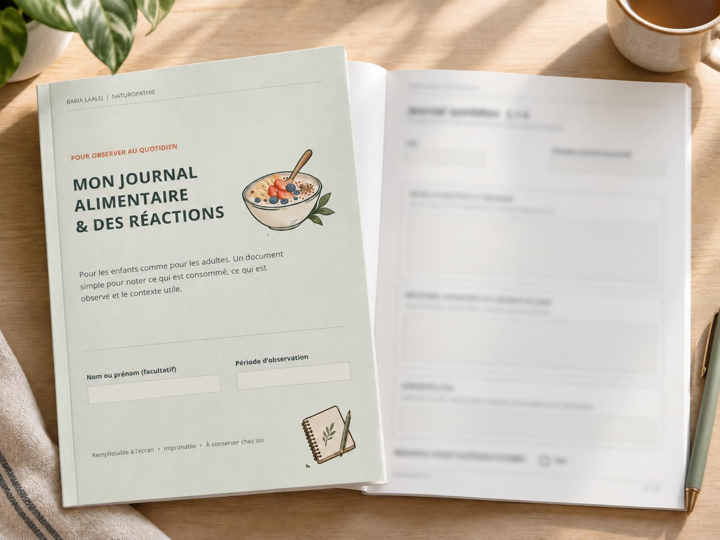 Aperçu du Journal alimentaire et des réactions, avec couverture lisible et pages intérieures floutées